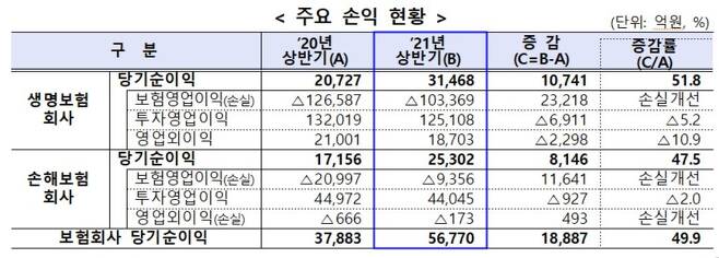 상반기 보험회사 순이익 50% 급증, 총자산 조금 늘고 자기자본 줄어 