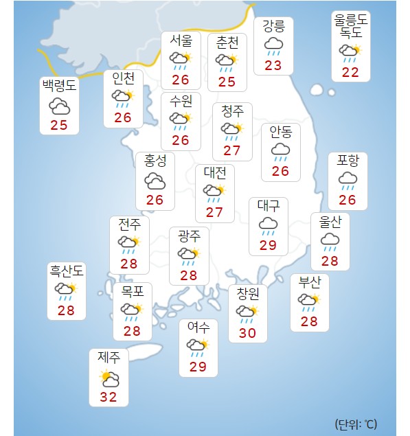 수요일 1일 전국에 비 오고 수도권 낮부터 그쳐, 충청권 250mm 폭우