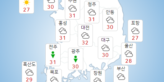 금요일 13일 전국 흐리고 폭염특보 일시적 해제, 낮기온 30도 안팎