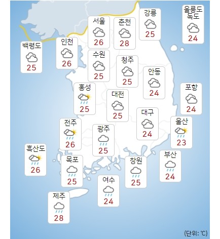 목요일 2일 전국 대체로 흐리고 일부 지역 비, 서울 낮기온 26도