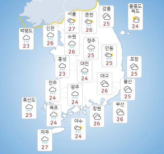 월요일 6일 전국 곳곳에 비 내리고 강풍도, 낮기온 25도 안팎