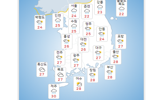 화요일 7일 전국 대부분 지역에 비, 일부는 천둥번개 동반한 강한 비 