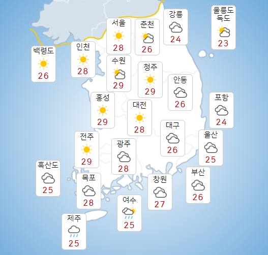 수요일 15일 중부지방은 맑아, 제주도는 태풍 간접적 영향에 비 