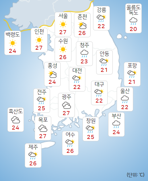 금요일 17일 전국 대체로 흐리거나 비, 수도권과 강원 밤부터 차차 갬