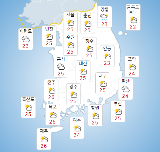 주말 25일 휴일 26일 전국 구름 많아, 내륙 중심 일교차 10도 이상