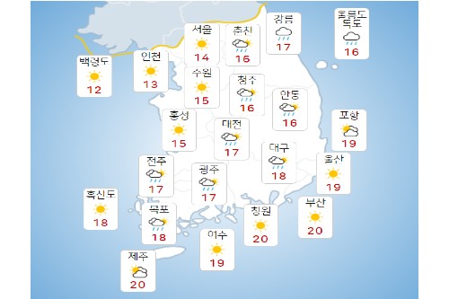 화요일 19일 전국 대부분 지역에 비 내려, 서울 낮기온 14도