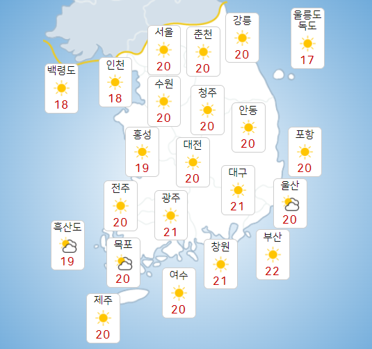 목요일 28일 전국 대체로 맑아, 낮기온 20도 안팎으로 일교차 커  