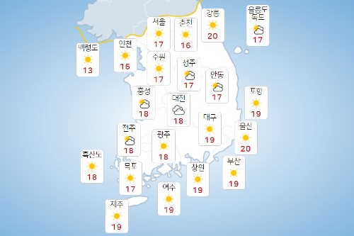 금요일 19일 아침기온 올라 포근, 중부지방 일부 가끔 빗방울