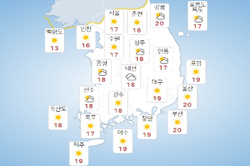 금요일 19일 중부지방 낮에 가끔 빗방울, 서울 낮기온 17도 