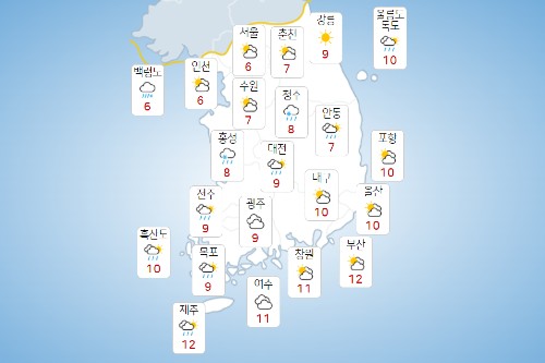 월요일 22일 낮부터 기온 급락, 전국 곳곳에 비나 눈