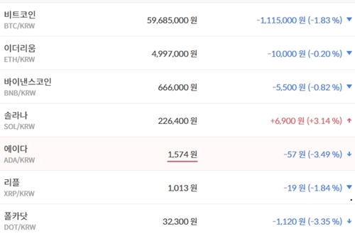 비트코인 5960만 원대로 내려, 가상화폐 시세 하락이 더 많아