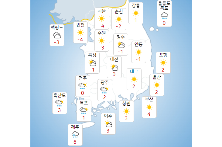 목요일 13일 낮까지 전국 곳곳에 눈, 중부내륙 포함 한파특보 이어져