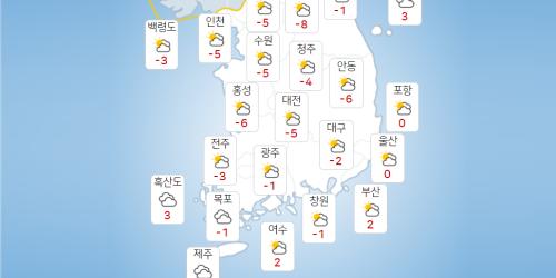 “목요일 27일 아침 전국 대부분 영하권 추위, 서울 영하 5도