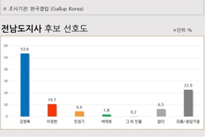 [한국갤럽] 전남지사 김영록 53.6% 1위, 광주시장 이용섭 강기정 접전