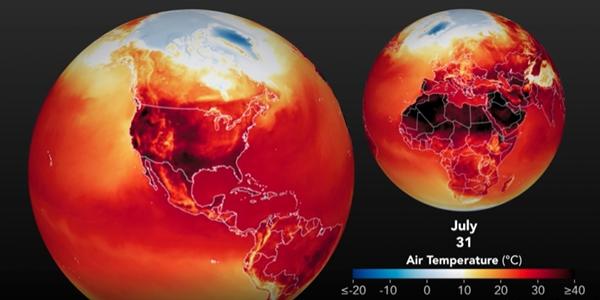 NASA, 기온 40도 넘어 검붉게 표시된 7월 지구 서반구 사진 공개