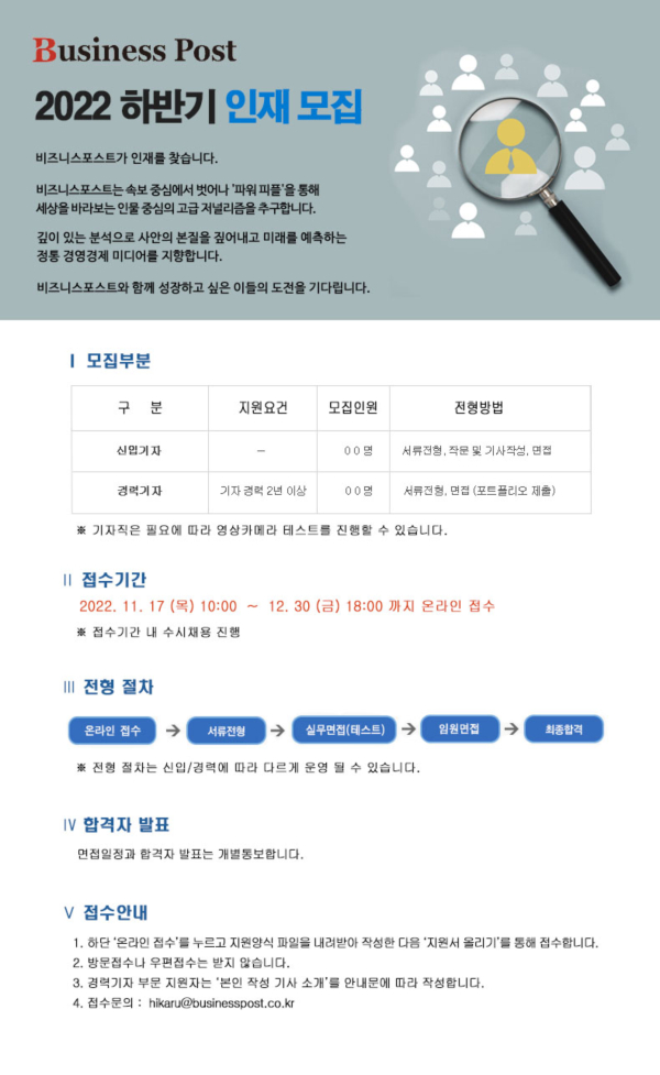 비즈니스포스트 2022년 하반기 신입기자와 경력기자 공개채용