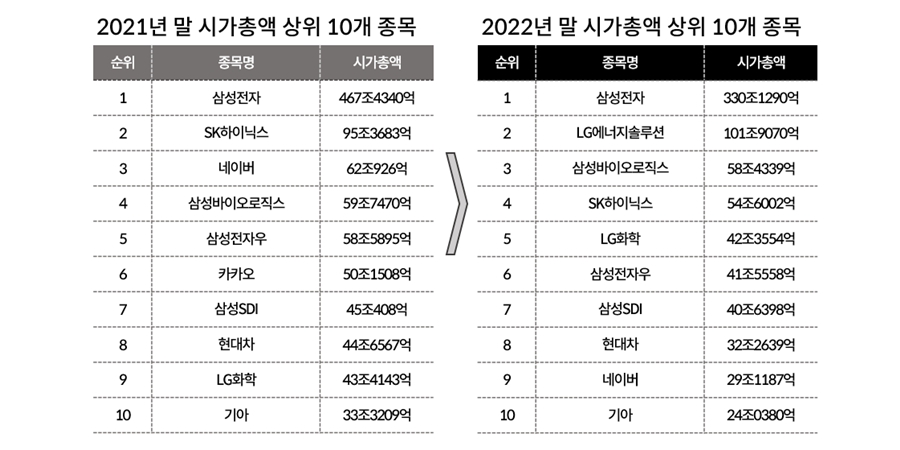 2022년 증시, 삼성전자 시총 30% '증발' 네카오 '추락' 리튬주 '최고'