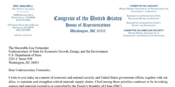 미국 하원의원 국무부에 서한 전달, 