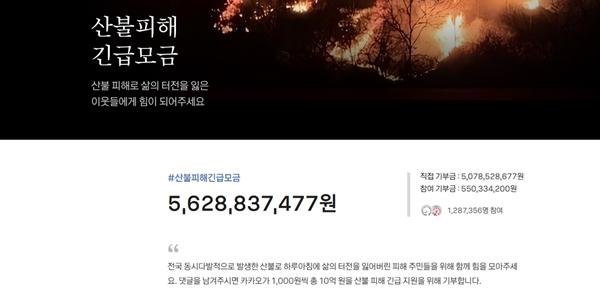 카카오 산불 피해 복구 지원 모금액 50억 넘어서, 카카오도 10억 기부