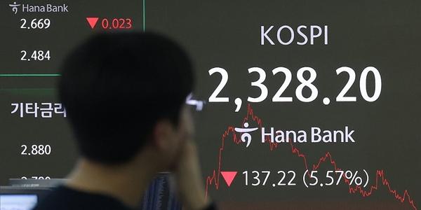 '검은 월요일' 코스피 5%대 급락 2320선까지 밀려, 외국인 2조 순매도   