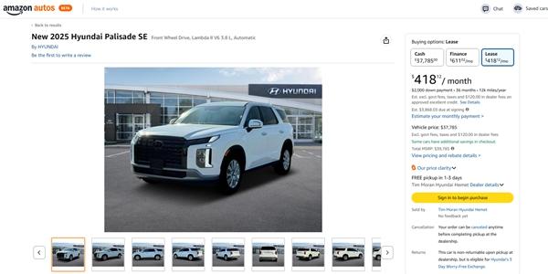 현대차 리스차량도 미국 아마존에서 판매 시작, 7500달러 세액공제 대상