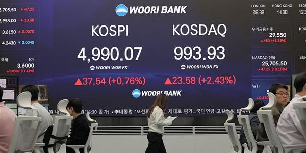 코스피 외국인·기관 매수에 4990선 강보합 마감, 장중 이틀 연속 5000선 돌파