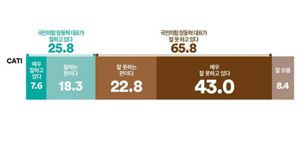 [여론조사꽃] 국힘 장동혁, '잘 못하고 있다' 65.8% vs '잘하고 있다' 25.8%