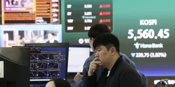 코스피 장중 '매도 사이드카' 5%대 하락 5440선, 원/달러 환율 1504.9원 출발