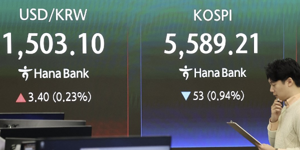 코스피 장중 외국인 매도세에 5540선 하락, 원/달러 환율 1503.2원 출발 
