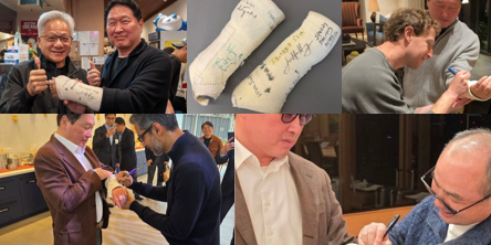 최태원 손목 깁스에 엔비디아·메타·구글·소프트뱅크 CEO 서명, AI 반도체 협력 과시