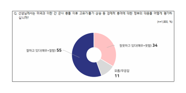 [전국지표조사] 정부 중동전쟁 경제 대응, '긍정평가' 55% vs '부정평가' 34%