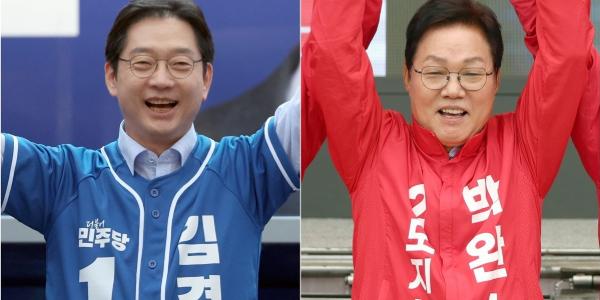 [6·3 판세/경남지사] 민주당 김경수 '메가시티 예산 35조 증발' vs 국힘 박완수 '통계 왜곡', 오차 범위 접전