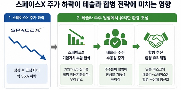 스페이스X 주가 하락은 일론 머스크에 긍정적, 테슬라와 합병 추진 유리해져